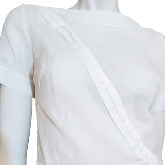 1960s Vintage White Nylon Short Sleeve Blouse Top Suit Style Button Back - Picture 4 of 5